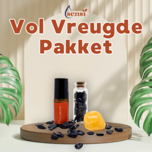 Een essentiële olieroller met een oranje label waarop staat 'vol vreugde'. Daarnaast een transparant wensbuisje met daarin stukje blauwkwarts edelsteen en een oranje calciet trommelsteen.